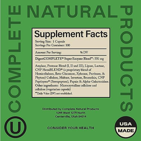 Complete Natural Products - Superalimento Natural à Base de Plantas – Enzimas Digestivas, Probióticos, Amilase, Bromelina, Lipase – 100 Cápsulas 600mg