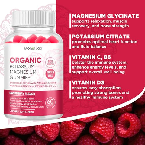 BionerLab - Gomas de Potássio Magnésio com Vitamina D3 B6 C – Alta Absorção Potássio 99mg Magnésio Glicinato 250mg Suplementos Mastigáveis para Mulheres Homens Adultos Crianças