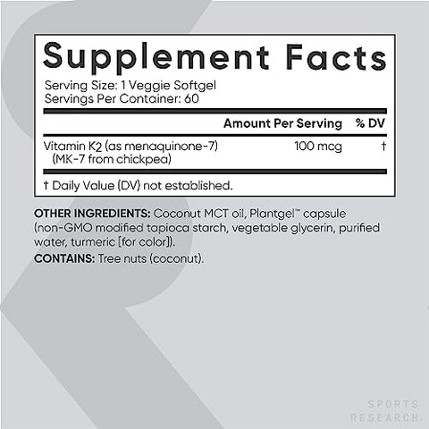 Sports Research - Vitamina K2 como MK-7 100mcg com Óleo de Coco MCT – 60 Cápsulas Vegetais (2 Meses de Suprimento) Vegano Certificado, Não-OGM Verificado, Sem Glúten