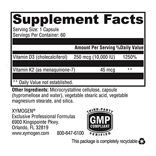 K2-D3 10000 – Vitamina D3 K2 – Vitamina D 10.000 UI (Colecalciferol) com Vitamina K2 MK-7 – Saúde do Coração, Arterial e Óssea – Suporte Imunológico (60 cápsulas) - XYMOGEN