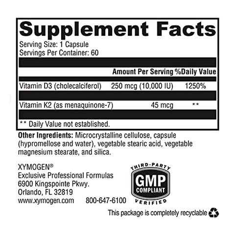 K2-D3 10000 – Vitamina D3 K2 – Vitamina D 10.000 UI (Colecalciferol) com Vitamina K2 MK-7 – Saúde do Coração, Arterial e Óssea – Suporte Imunológico (60 cápsulas) - XYMOGEN