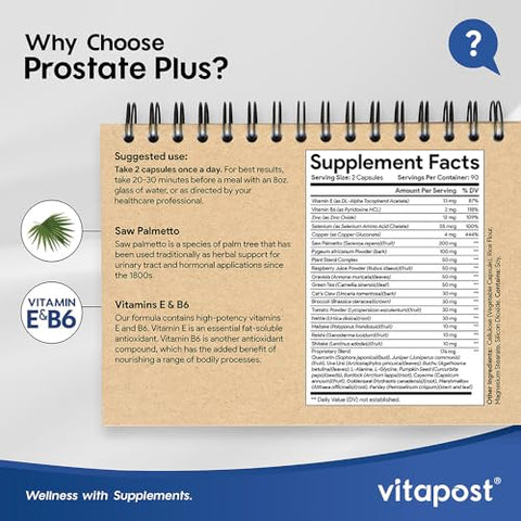 VitaPost - Prostate Plus – Cuidado Natural da Próstata e Saúde Urinária para Homens com Saw Palmetto, Vitamina B6, Vitamina E, Selênio e Zinco. 180 Cápsulas
