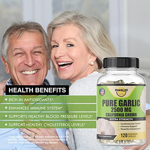 Happi Mi Nutrition - Cápsulas de Alho 2500mg – Feitas com Bulbos de Alho Orgânico, Cultivados na Califórnia EUA – Suporte Natural ao Sistema Imunológico, Suprimento para 40 Dias