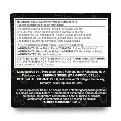 Siberian Green - Resina de Shilajit Altai “Montanhas Douradas” Siberianas Autênticas Pura 100g – Colher de Medição – Qualidade