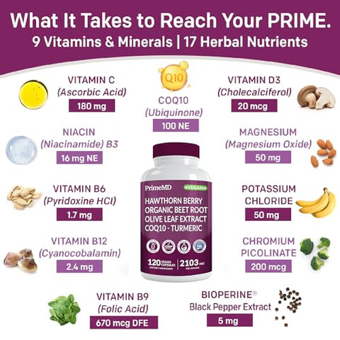 PrimeMD - 26 em 1 Suplemento de Óxido Nítrico – Suplementos para Pressão Arterial e Saúde Cardíaca com Coq 10, Cápsulas de Beterraba Orgânica, Extrato de Folha de Oliveira, Bagas de Espinheiro e Suplementos de Alho