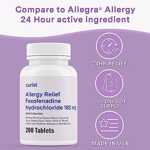 Fexofenadine Hydrochloride 180mg (200 Comprimidos) – Medicamento para Alergia Não Sonolento Fabricado nos EUA – Alívio de Alergia Durante 24 Horas para Coriza, Coceira nos Olhos - Curist