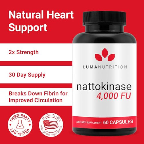 Nattokinase – Fórmula Premium de Nattokinase 4000 FU por Porção para Apoio à Saúde Cardíaca – 60 Cápsulas – Fabricado nos EUA - Luma Nutrition