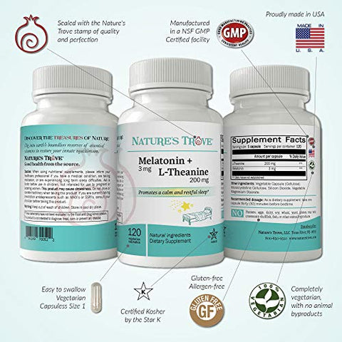 Nature's Trove - Nature’s Trove Melatonina 3mg L Teanina 200mg – Calma e Relaxamento – 120 Cápsulas Vegetarianas Kosher