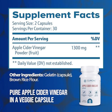 Cápsulas de Vinagre de Maçã – 1300mg de Vinagre de Maçã Puro para Gerenciamento de Peso, Saúde Cardíaca e Suporte Energético – 60 Cápsulas Vegetais de ACV – Fabricado nos EUA - Clinical Effects