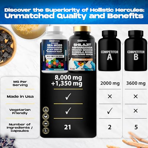 Holistic Hercules - Combo Clássico – Sea Moss 3000mg, Black Seed 2000mg, Ashwagandha 1000mg, Shilajit 5000mg, Panax Ginseng 1500mg, Maca Peruana 2000mg, Pack de Suplementos All in 1