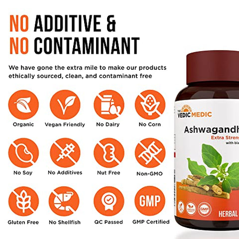 The Vedic Medic - Ashwagandha Orgânica Cápsulas Extra Forte 3000mg com Extrato de Pimenta Preta – Alívio do Estresse, Melhora do Humor, Suporte Energético – Não-OGM, Vegano, Sem Glúten (120)