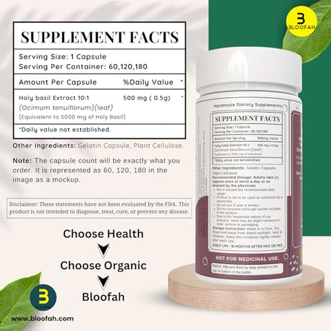 Bloofah - Cápsulas de Manjericão Sagrado 5000mg – 180 Unidades | Extrato em Pó de Folha de Manjericão Sagrado (Ocimum tenuiflorum) 10:1 | Suplemento Herbal Puro 100% | Fórmula Livre de Transgênicos e Glúten