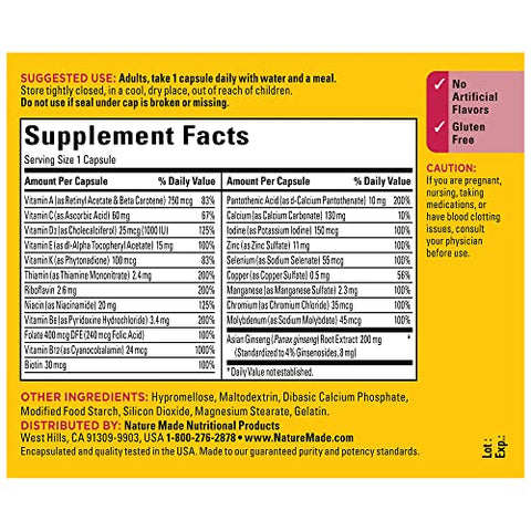 Multi Ginseng – Energia Diária para Adultos, Multivitamínico em Cápsulas, 60 Unidades - Nature Made