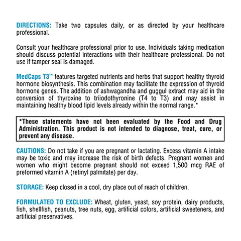MedCaps T3 – Fórmula de Suporte à Tireoide com Vitaminas e Ervas – Selênio, Zinco, Vitamina E C, Ashwagandha, Extrato de Guggul e Suplemento de Iodo (120 Cápsulas) - XYMOGEN