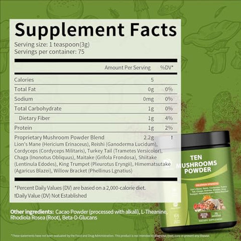 Lukaree - 14 em 1 Pó de Cogumelo para Preparo de Café, 227g Suplemento de Cogumelo com Cabeça de Leão, Chaga, Reishi, Cauda de Peru, Extrato de Cogumelo Cordyceps em Pó, etc, Mistura de Cogumelos para