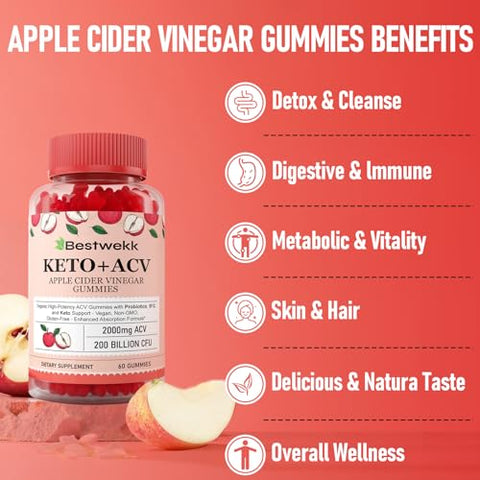 Bestwekk - Gomas de Vinagre de Maçã, Max Força 2000mg ACV com Probióticos, B12 e Suporte Keto, Para Digestão, Metabolismo, Desintoxicação, Intestino