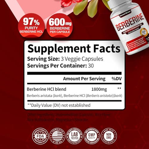 DECENT NATURE - Berberine 1800mg – Premium Berberine HCl 97%% Alta Pureza Berberine Plus, Suporte ao Sistema Imunológico, Alta Potência Berberine Hydrochloride, Não-OGM Vegano, para Homens Mulheres 90