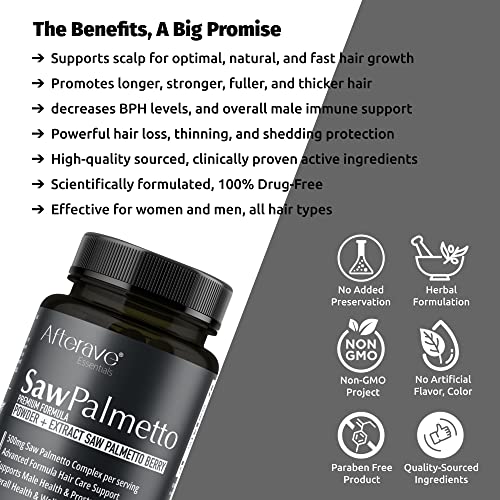 Afterave Essentials - Saw Palmetto Premium: Saúde do Couro Cabeludo para Crescimento Capilar Ótimo, Fortalecimento dos Folículos, Proteção contra Queda de Cabelo, Saúde da Próstata e do Trato Urinário e Suporte Imunológico Masculino Geral