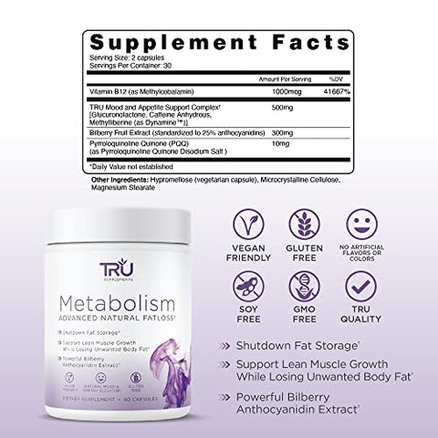TRU Supplements - TRU Metabolism: Avançada Perda de Gordura, Combate aos Desejos, Melhora o Humor, Sem Nervosismo ou Queda, 30 Porções