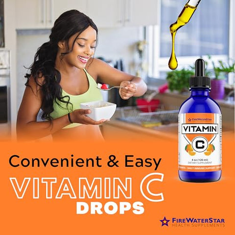 FIREWATERSTAR HEALTH SUPPLEMENTS - FWS Liquid Vitamin C – Suplemento de Vitamina C Líquida Bioativa para Adultos e Crianças – Orgânico, Vegano, Ácido Ascórbico Puro – Saúde da Pele, Suporte Imunológico e Antioxidantes