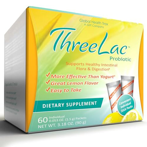 Global Health Trax - GHT – ThreeLac Limão Mix de Bebida Probiótica para Saúde Digestiva – Fórmula Avançada em Pó Probiótico para Homens, Mulheres – 30g