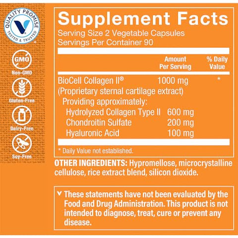 Biocell Collagen II com Ácido Hialurônico 1000mg – Promove Pele e Articulações Saudáveis - The Vitamin Shoppe