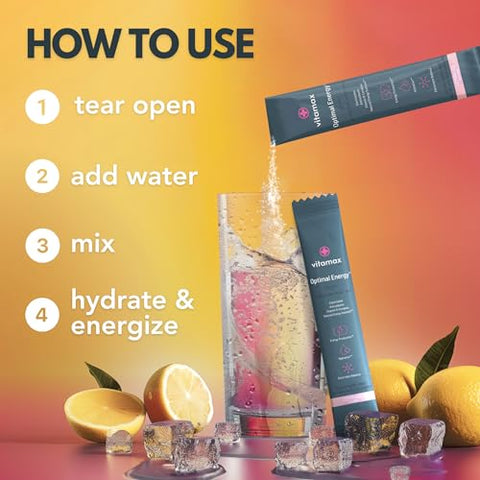 Vitamax Health - Optimal Energy – Limonada – Pó Hidratante para Recuperação sem Açúcar | Complexo de Vitaminas B, Eletrólitos | Mistura para Bebida em Sachês | Fácil de Abrir | Não-OGM | 30 Porções