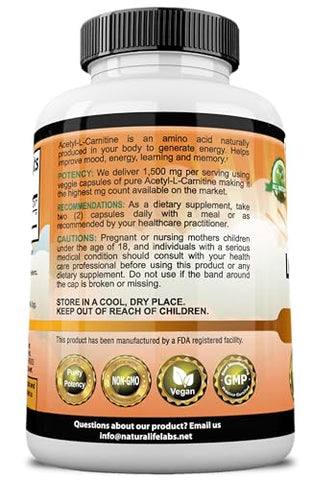 NaturaLife Labs A Higher Standard - Acetyl L-Carnitina 1.500 mg Alta Potência Suporta Produção Natural de Energia, Nutrição Esportiva, Suporta Memória/Foco – 100 Cápsulas Vegetais