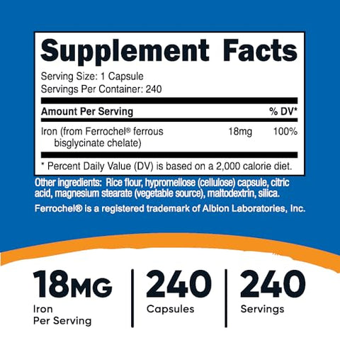 Ferrochel 18mg – 240 Cápsulas – Sem Glúten, Não Transgênico – Quelato de Ferro – Suplemento de Ferro Chelado - Nutricost