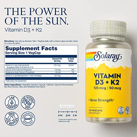 Vitamina D3 K2 – Suporte à Saúde Óssea e Imunológica – Com 5000 UI de Vitamina D como Vit D3 e 50 mcg de Vitamina K2 como Menoquinona MK7, Sem Soja, 60 Dias - SOLARAY