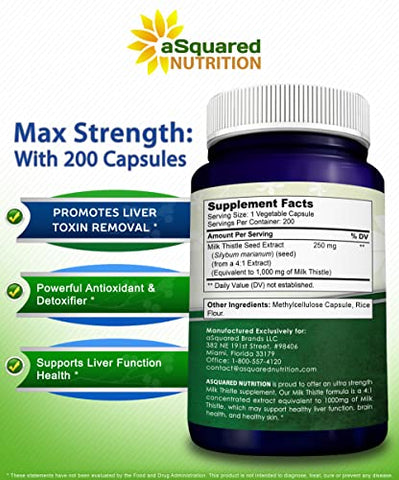 Cápsulas de Cardo de Leite 1000mg-200, Extrato Concentrado 4X 4:1 em Pó de Semente de Cardo de Leite, 1000mg de Extrato de Silimarina para o Fígado - aSquared Nutrition