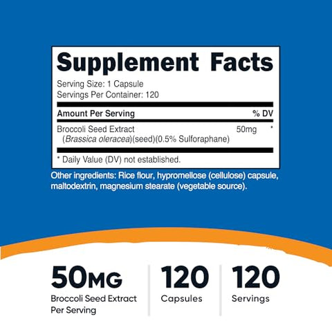 Sulforafano Glucosinolato (SGS) (120 Cápsulas) – 50 mg Extrato de Semente de Brócolis por Porção - Nutricost