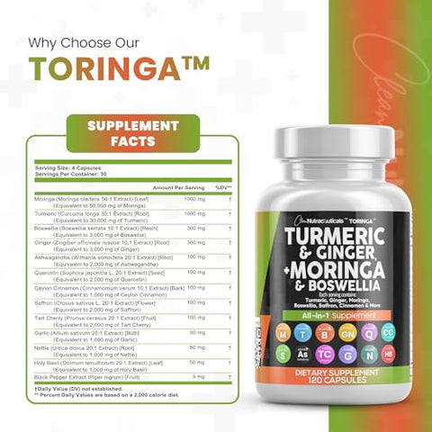 Clean Nutraceuticals - Turmeric Curcumin 30000mg Ginger 3000mg Moringa 50000mg Boswellia 3000mg Saffron 2000mg – Suporte Articular para Mulheres e Homens com Canela do Ceilão, Quercetina, Cereja Azeda
