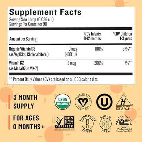 Organic Baby Vitamin D3 K2 Liquid Drops, 400 IU of Baby Vitamin D Drops for Infants with K2 Drops, Vitamin D Drops for Newborns, Toddlers, and Kids, Vegan, 90… - Legendairy Milk