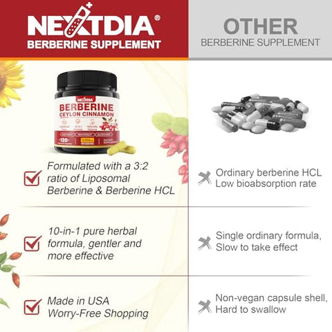 Nextdia - Berberine Orgânico 1500mg com Canela Ceylon, Melão Amargo, Complexo de Berberina HCL Lipossomal com Folha de Banana – Suporte Imunológico