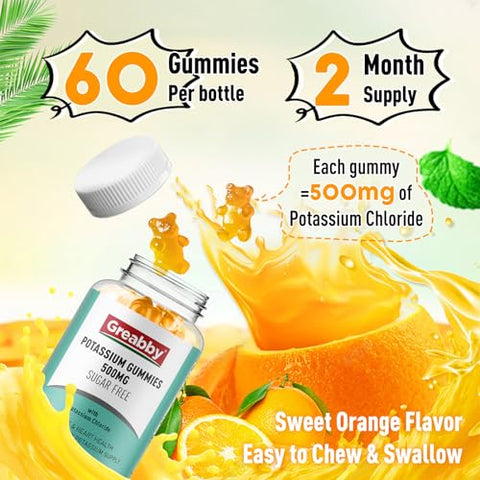 GREABBY - Gomas de Potássio 500mg para Adultos, 60 Porções, Gomas de Cloreto de Potássio sem Açúcar, Saúde Cardíaca