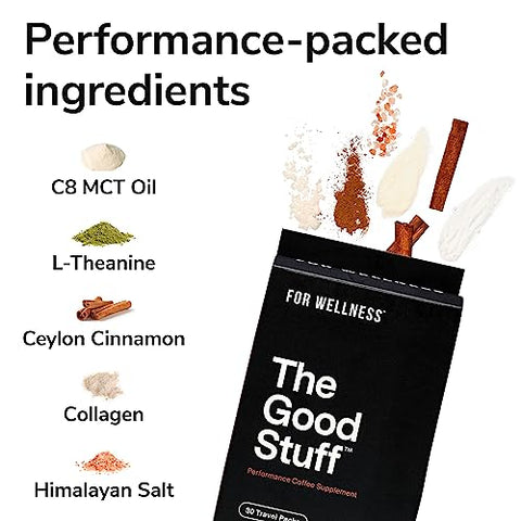 The Good Stuff™ Performance Blend (30 Pacotes de Viagem), Suplemento de Café Sem Lactose com Colágeno, L-Teanina e Sal Rosa do Himalaia – Melhora o Foco e Aumenta a Energia - For Wellness