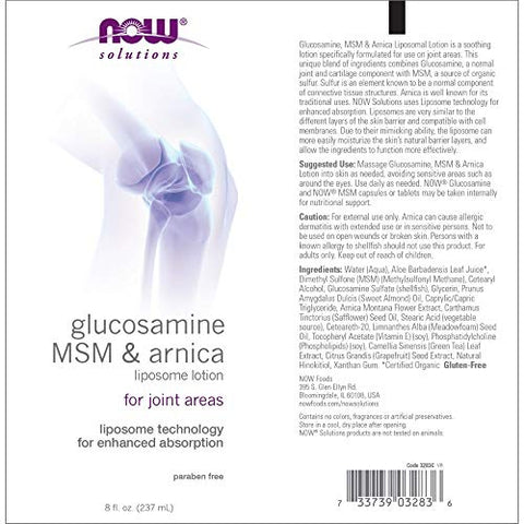 Solutions Loção Lipossomal de Glucosamina, MSM e Arnica para Áreas Articulares, Tecnologia Lipossomal para Absorção Aprimorada, 240 ml - NOW Foods