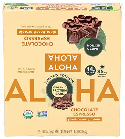 ALOHA - Aloha Barras de Proteína de Chocolate Espresso Orgânico, 14g de Proteína à Base de Plantas, 85mg de Cafeína, Certificado Orgânico pelo USDA, Livre de Glúten