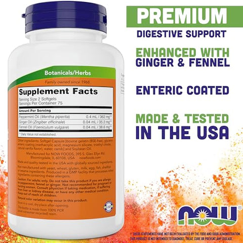 NOW Foods - Now Peppermint Gels com Óleo de Gengibre e Óleo de Funcho, 150 Softgels (Pacote com 2), Revestimento Entérico