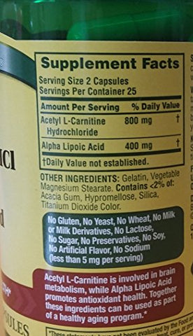 Acetyl L-Carnitine 800mg + Alpha Lipoic Acid 400mg, 50 Cápsulas | Compre Agora! - Spring Valley