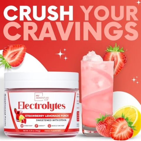 My Adventure to Fit - Zero Sugar – Pó de Eletrólitos de Limonada de Morango – Hidratação Refrescante – Energia Livre de Cafeína – Ingredientes Naturais – Vegano, Keto