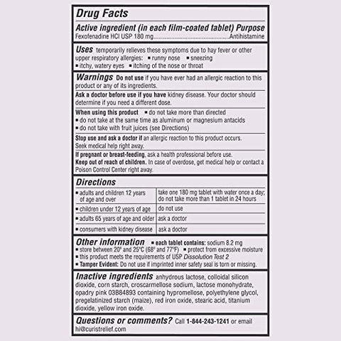 Fexofenadine Hydrochloride 180mg (200 Comprimidos) – Medicamento para Alergia Não Sonolento Fabricado nos EUA – Alívio de Alergia Durante 24 Horas para Coriza, Coceira nos Olhos - Curist