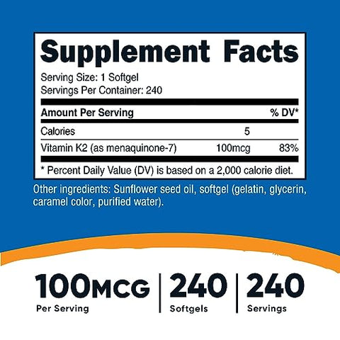 Vitamina K2 MK-7 100 mcg, 240 Softgels – Livre de Glúten e Não-OGM MK7 - Nutricost