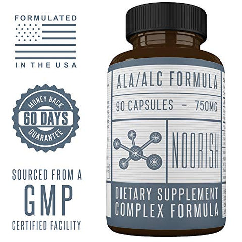NOORISH - Acetyl L-Carnitine com Ácido Alfa Lipóico – ALA ALC ALCAR – Ácido Alfa Lipóico com Acetyl L-Carnitine – 525 mg ALCAR – 225 mg ALA – 90 Cápsulas