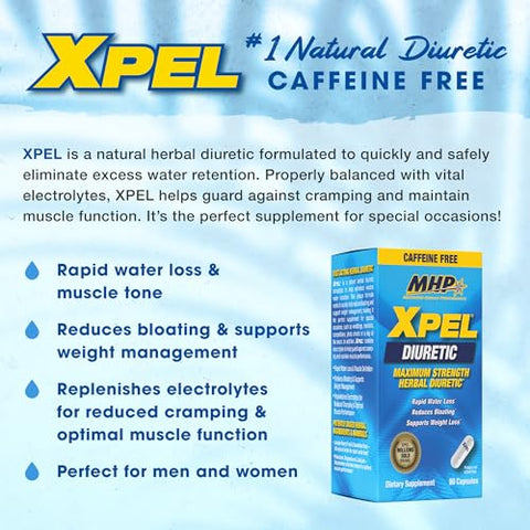 Maximum Human Performance - MHP Xpel: Diurético Máximo para Alívio da Retenção de Água, Suporte para Perda de Peso, Livre de Cafeína com Vitamina B-6, Potássio, Raiz de Dente-de-leão, 80 Cápsulas