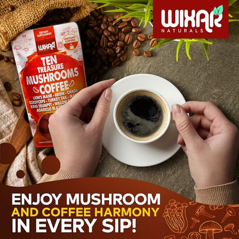 WIXAR NATURALS - Café de Cogumelo Wixar – Pó Instantâneo de Café com Extrato de Dez Tesouros de Cogumelos com Leão da Montanha, Cauda de Peru, Reishi, Chaga, Shiitake, Maitake, Cordyceps – 140g