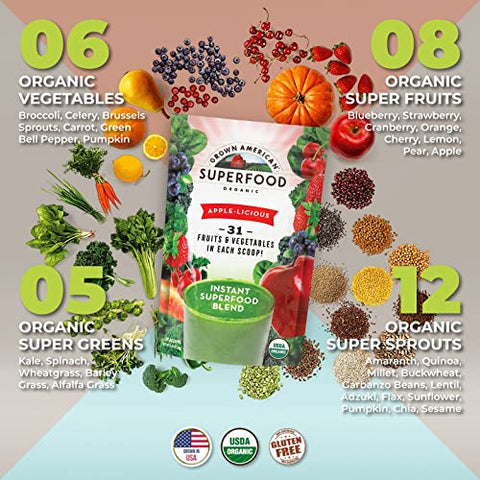 GA Grown American - Grown American Superfood – Pó Verde Concentrado de 31 Frutas e Vegetais Orgânicos Aumenta Energia e Desempenho – 100% Certificado Orgânico e Vegano Não-OGM (28g)
