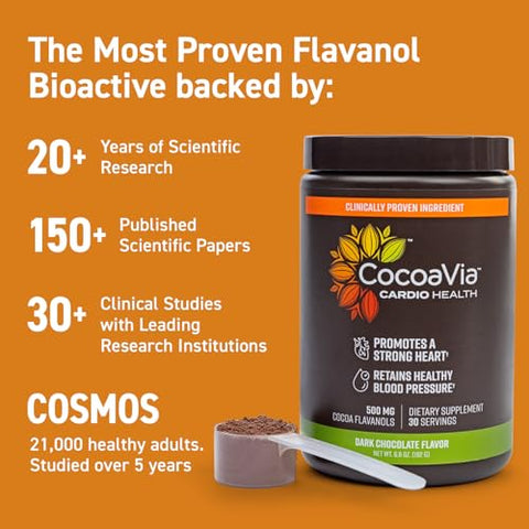 Pó de Cacau para Saúde Cardiovascular, 30 Porções, 500mg de Flavanóis de Cacau, Apoio à Saúde do Coração, Aumenta Óxido Nítrico, Melhora Circulação, Energia, Pré-treino, Vegano, Chocolate Amargo - CocoaVia