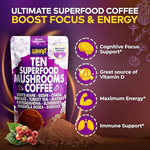 WIXAR NATURALS - WIXAR Café Instantâneo em Pó Superfood de Cogumelo – 10 Extratos Superfood com Lion’s Mane, Turkey Tail, Reishi, Chaga, Shiitake, Ashwagandha, Rhodiola Rosea, Elderberry – 100g